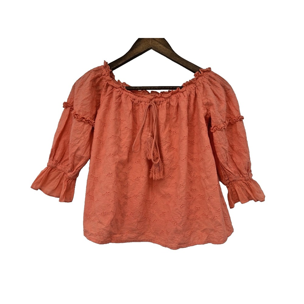M Orange crop Eyelet Blouse 3/4 Ruffled Sleeve Y2K cottagecore beach festival